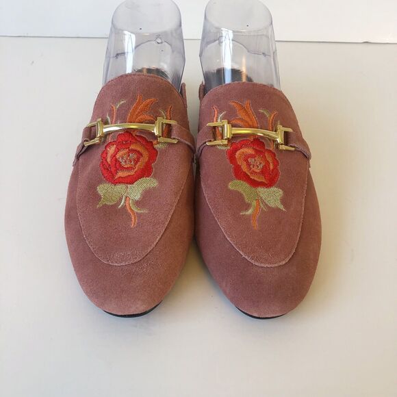 Ellos Horsebit Leather Suede Mules Loafers Pink Rose Embroidered Womens Size 8.5 - Picture 4 of 13